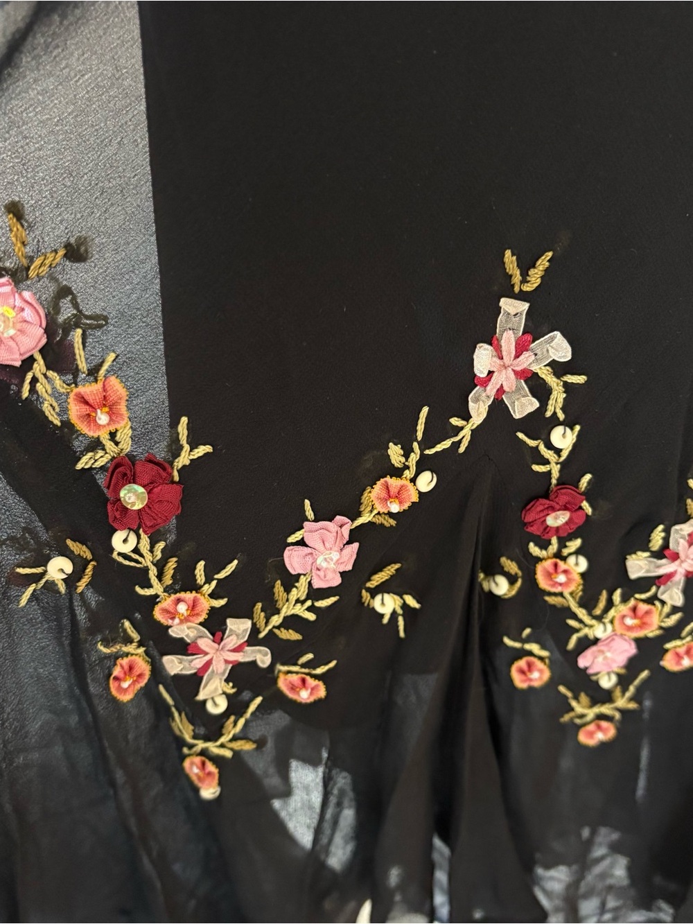 Vintage 90s Sue Wong black silk floral beaded asymmetrical hem dress - Picture 8 of 10